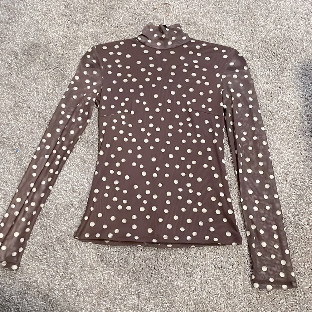 525 America Sheer Brown Polka Dot Mock Neck Long Sleeve Top